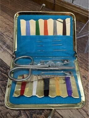 Vtg Mini Sewing Kit Leather Case Purse Pocket Travel Size Kiss Lock Hong Kong